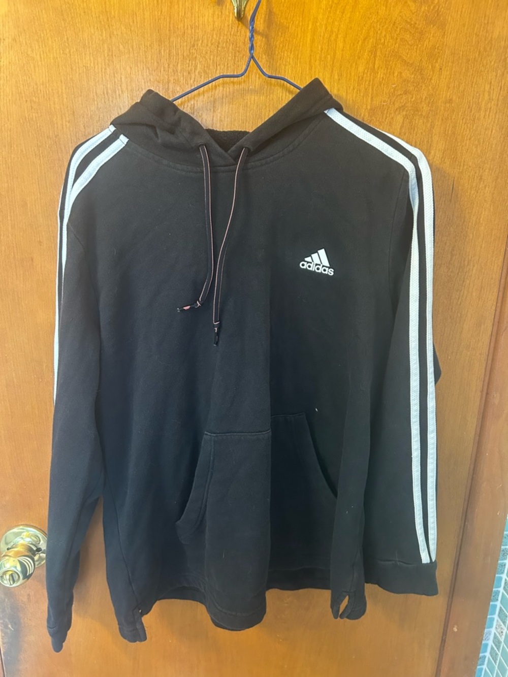 Adidas Women’s Black Hoodie with White Stripe & Pink Accents